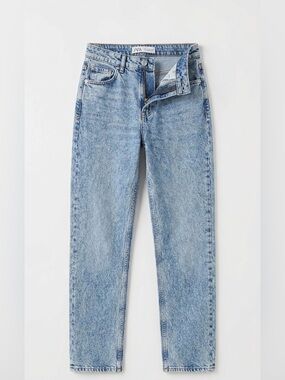 Zara High-Rise Straight Leg Jeans Light Blue Acid Retro Wash Denim Women’s 2